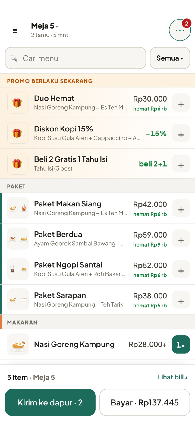 Kasir di ponsel, menu bergambar