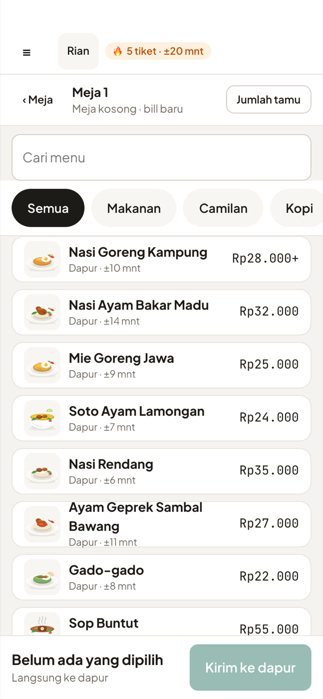 Ponsel pelayan, menu bergambar