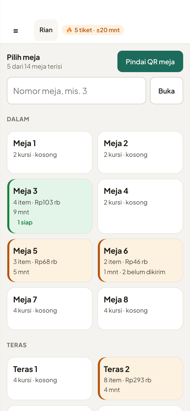 Papan meja di ponsel pelayan